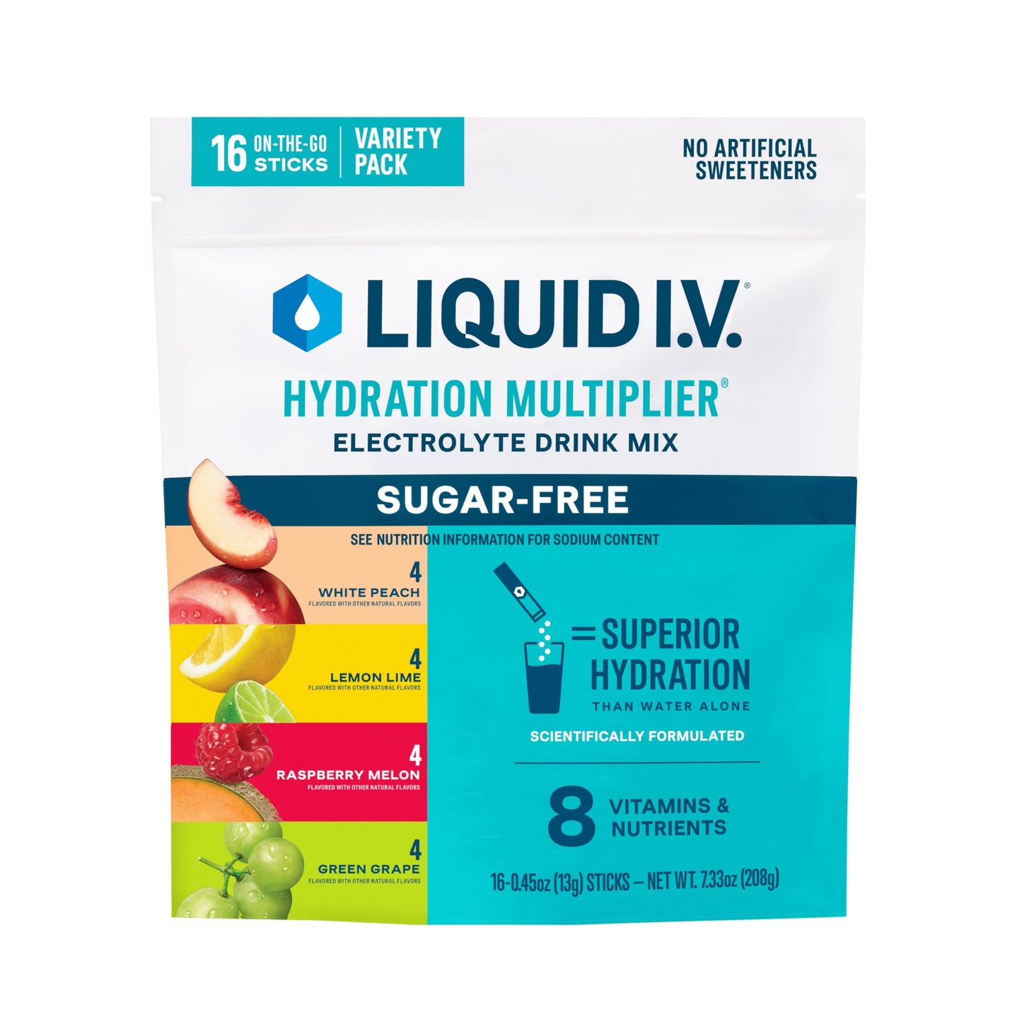 Liquid I.V.® Hydration Multiplier Sugar-Free - Raspberry Melon Lemon Lime White Peach Green Grape | Electrolyte Powder Drink Mix | 1 Pack (16 Servings)